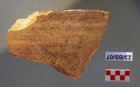 Fig 50: Ostraka 42 inscribed on convex side only, parallel with the throwing marks. Upper part of sherd surface has numerous scratches and lower part is soiled and has black fungal spots. Script is semicursive. Text is uncertain.