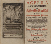 The left half is an illustration that shows four arms extend from clouds in the sky and pour incense into two incense burners. The words “Acerra Exoticorum” appear at the bottom of the page. The right half is the title page in red and black lettering.