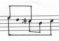 Image of a short melodic phrase on a five-line staff with sori symbols for some notes tuned approximately a half sharp.