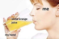 A woman drinking a glass of orange juice. Words appear over the image: “me” on the woman’s head, “some orange juice” on the glass of orange juice, and “my hand” on the woman’s hand.