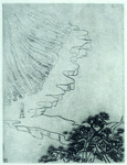 Black and white engraving of a solitary person standing in one corner of a jagged winding mountain path leading to a tree.