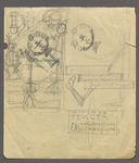 Rough pencil sketch of vertical staging ideas for Wiseman, including a lyra (aerial hoop) and tightrope, both of which appeared in the final production. As was the case in many of Eisenstein theatrical sketches, various words –– in this case "Moscow Proletkult," "attraction," "training" ­­–– appear within the drawing itself.