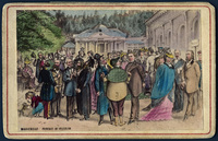 Colored lithograph of a crowd of people on the pavilion of Kreuzbrunn in Marienbad.