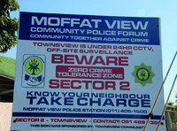 Photograph of a sign posted by Moffat View Community Police Forum stating that the area is under 24-­hour surveillance.