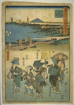 Colorful illustration resembling a travel poster, with Mount Fuji and other natural features labeled. In the foreground are three blind female musicians and other travelers.