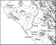 Gabii, located east of Rome, seen here in the context of key regional Italic centers (after Becker, Mogetta, and Terrenato 2009, fig. 1).