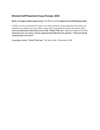 View PDF (118 KB), titled "Directed Self Placement (DSP) Essay Prompt from 2010"