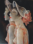 Oil painting of two revue dancers seen in profile, with red lips. They are in costumes with ruffled shoulders and large brimmed, sheer hats with flowers. Their arms hang at their sides. The viewer can only see their profiles from the chest and up. Behind them is a stark black background.