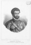 Engraving of Emmanuel-Philibert de Savoie, bust-length, with curly dark hair and a moustache and beard, wearing armor and a ruff; below states his name, title, and place and date of birth.