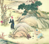 Figure 10.1: The image shows a gathering of three Ming loyalists in the mountains, with a Qing government runner wearing a Manchu-­style uniform lurking behind the rocks.