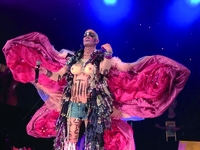 Performer Taylor Mac in a costume of prosthetic breasts, giant butterfly wings, and denim shorts in A 24-­Decade History of Popular Music in Brooklyn, New York.