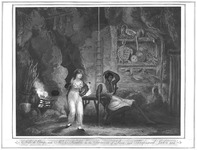 Painting of a scene (2.5) from Fawcett’s pantomime, Obi. It features Jack Mansong and Rosa in a cave, lit by fire and candlelight. On the back wall are skeletons.