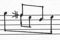 Image of a short melodic phrase on a five-line staff with sori symbols for some notes tuned approximately a half sharp.