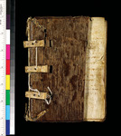 An old book with a wooden front cover, with a color bar on its left side. Three raised bands that hold the pages together.