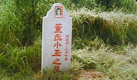A headstone in a grassy field has red calligraphy printed on it.