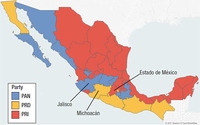 Map depicting party of governor for Mexican states in 2011