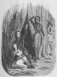 A young man clutches a young woman and raises his fist at a villain, as three men watch the scene from a doorway.