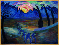 An abstract, colorful painting of seven men pulling a boat out of water in front of mountains at sunrise.