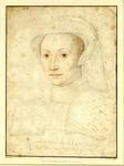 Drawing in red and black chalk of Marie de Guise, Queen of Scotland, bust-length, wearing a bonnet with train and a dress.