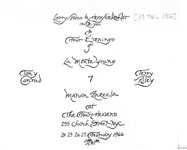 Black calligraphy on white background reads “Larry Poons and Henry Geldzahler invite you to Four Evenings of 7 . . . at The Four Heavens, 295 Church Street NYC” on 24–­27 February 1966. The names La Monte Young, Terry Riley, Marian Zazeela, and Tony Conrad surround the title.
