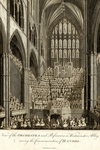 Interior of Westminster Abbey with vaulted arches and stained-­glass windows, depicting an orchestra, a large choir, and audience members.