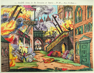This toy theater backdrop is a blowup scene showing a numerous buildings on fire. The conflagration extends from the various structures in the foreground to the distant spires of churches. The destruction appears to be at its height.