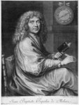 Jean-Baptiste Poquelin de Molière. This engraving, drawn and executed in the early 1680s, depicts Molière beneath a clock, showing two twenty-five, supposedly the hour of his death; it is loosely based on a Pierre Mignard portrait from 1655 of Molière at age 35. [Bibliothèque Nationale, Département des Estampes, N2, vol 1267].