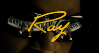 A piano with hands playing it reflecting in a close-up of Ray Charle's sunglasses has yellow title English calligraphy superimposed over it.