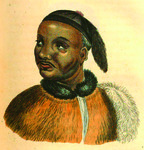 Drawing of a brown-­skinned man in a fur coat and a matching headpiece, shown shoulder and up