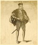Portrait of the duc de Nemours, full-length, standing turned slightly to the right, wearing a doublet, cape, ruff, and cap, with a sword at his left hip.