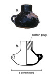 The top is a photo of a Camacho Black miniature jar with a missing right handle, and the bottom is a cross section drawing of the same jar with the right handle reconstructed and an indication that there is a cotton plug in the neck.