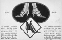 A page from the social dance issue of Elegante Welt, two illustrations of strappy shoes fill the center of a page: one illustration is an oval shape with a black background and the other, laid over the bottom of the oval, is a diamond shape with a black outline and white background. The shoes resemble the fashionable ones in Dix’s Metropolis painting. In the bottom corners of the page are blocks of German editorial text.