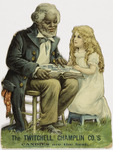 In this cardboard cutout, an older Black man reads with a white girl, who stares at him. At bottom is text advertising a candy company.