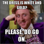Still of Willy Wonka from Willy Wonka and The Chocolate Factory. Top text reads, “The dress is white and gold?” Bottom text reads, “Please, do go on.”