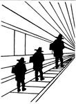 A sketch of silhouettes of three people in identical outfits standing in ascending order of their heights on a long, moving airport sidewalk. They are wearing a hat and have a bag clothed on their arms.
