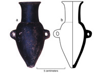 A photo of a black amphora with two handles. A drawing of the same amphora in profile.