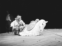 Fig. 8. Costard (Allan Hendrick) and Sir Nathaniel “descending from a horse,” in Act 5, Scene 2, of Barton’s 1978 RSC production of Love’s Labour’s Lost.