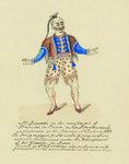 Drawing of Joseph Grimaldi performing a Chinese character in a clown costume with a bald-­headed headpiece and long braided hair