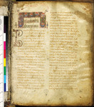 A tan parchment with Greek lettering in red. The letters are given in two columns. The parchment has a small ornamentation above its left column. A color bar is on the left side.