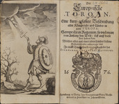 The drawing on the left half is of a hand reaching down from a cloud to present a knight with a cross labeled “In hoc signe vinces.” The left half shows the title page in black lettering. Publisher’s emblem on the bottom third: horseman riding over a globe, with a banner reading “Superata tellus sidera domat.”