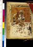 A tan parchment shows a painting of a man sitting on a chair. A color bar is placed on the right.