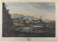 A picturesque view of the Roaring River plantation in Jamaica. Plantation buildings at the center. A few people in the foreground. The Blue Mountains comprise the background.