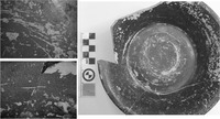 Fig. 47. On the right there are two photos at 20x magnification showing the interior wall of a bowl whose slip is scratched through. On the left is a photo of the whole vessel interior.