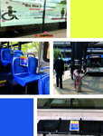 A collage of four colorful images taken from Blake Transit Center in Ann Arbor. The first image shows a large banner, with a social distance alert, hung on the front glass side of the center. The second image shows a transit bus worker carrying a disinfectant spray bottle, a woman waiting for the bus, bending down as she searches through her purse, and a Number 5A bus, at the far end, ready to depart. The third image shows social distance flyers, between seats, inside the bus. The last image shows a metal seat outside the transit center, with a social distance flyer placed on the middle of it.