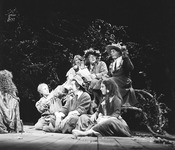 Fig. 10. Maria, Costard, Dull, Jaquenetta (Ruby Wax), Don Armado (Michael Hordern, Holofernes, and Sir Nathaniel for the final songs, in Act 5, Scene 2, in Barton’s 1978 RSC production of Love’s Labour’s Lost.