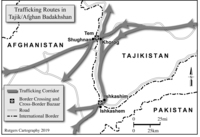 This map depicts the main trafficking routes that run through northeastern Afghanistan and southeastern Tajikistan. Six main routes run from China to Dushanbe and north as well as through Afghanistan.