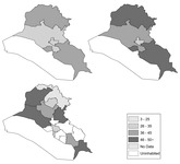 Three maps of Iraq show the regional distribution of youth (under five) mortality rates in 1990, 1991, and 1997, which display a marked jump in youth mortality after 1990.