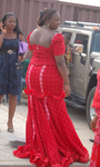 Back view of a woman wearing red aso ebi.