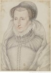 Drawing in red and black chalk of Jeanne d’Albret, Queen of Navarre, half-length, wearing a dress with pearls, a ruff, and a hood.