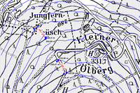 Section of the sheet TK25 5309 Königswinter. Aberrations between the contour lines of the DGM5 (blue) and the topographic map 1: 25,000.